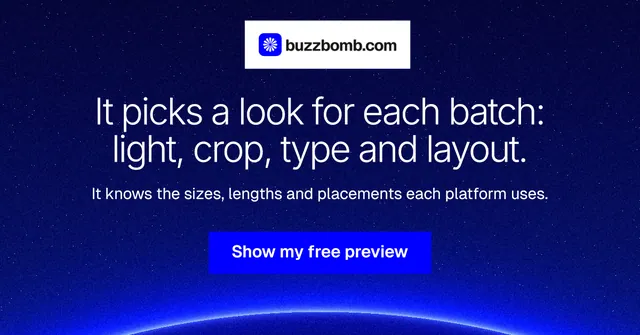 Social ad for BuzzBomb: "It picks a look for each batch: light, crop, type and layout." Swiss style, centred layout, dark palette in blue.
