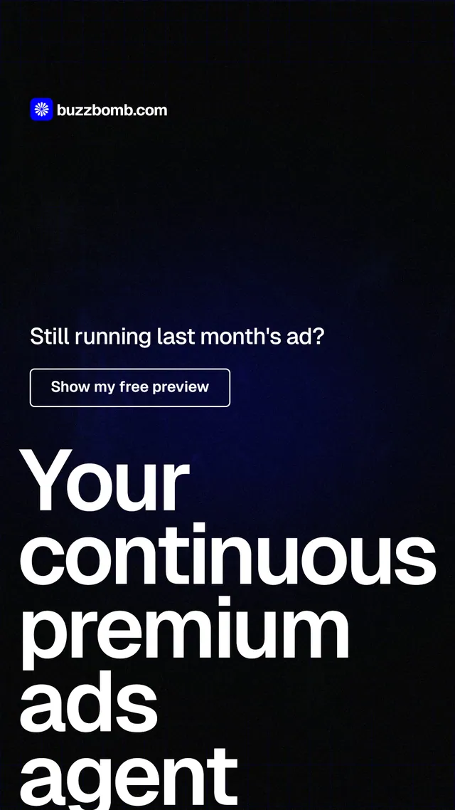 Instagram story for BuzzBomb: "Your continuous premium ads agent." Phosphor atlas style, oversized layout, dark palette in black, grey.