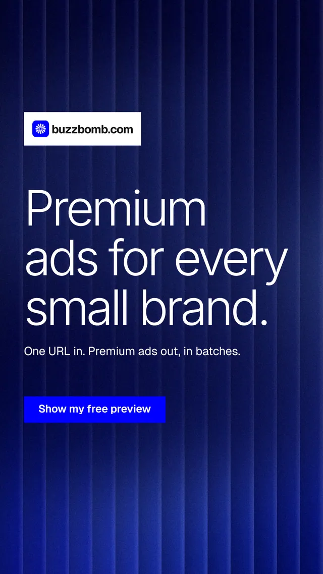 Instagram story for BuzzBomb: "Premium ads for every small brand." Swiss style, announce layout, dark palette in blue, grey.