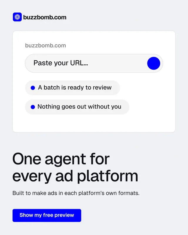Instagram portrait post for BuzzBomb: "One agent for every ad platform". Data card style, bottom layout, light palette in white, blue.