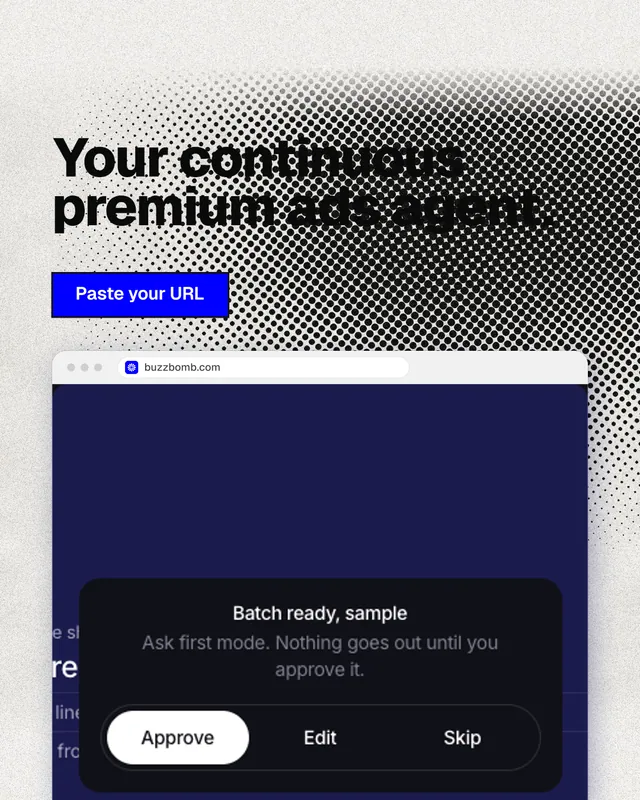 Instagram portrait post for BuzzBomb: "Your continuous premium ads agent." Ink sticker style, browser layout, dark palette in white, blue, black.