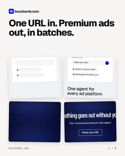 Carousel for BuzzBomb: "One URL in. Premium ads out, in batches.". Collection carousel, 8 slides, light palette.