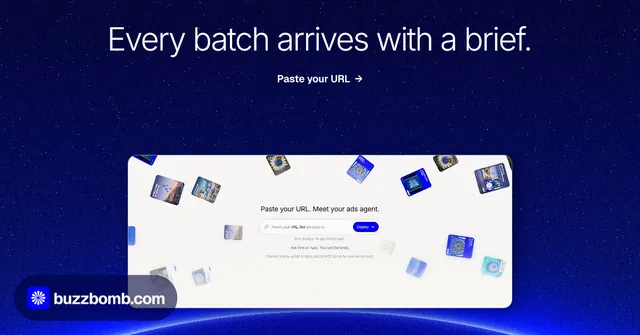 Social ad for BuzzBomb: "Every batch arrives with a brief." Swiss style, ogui layout, dark palette in blue, white.