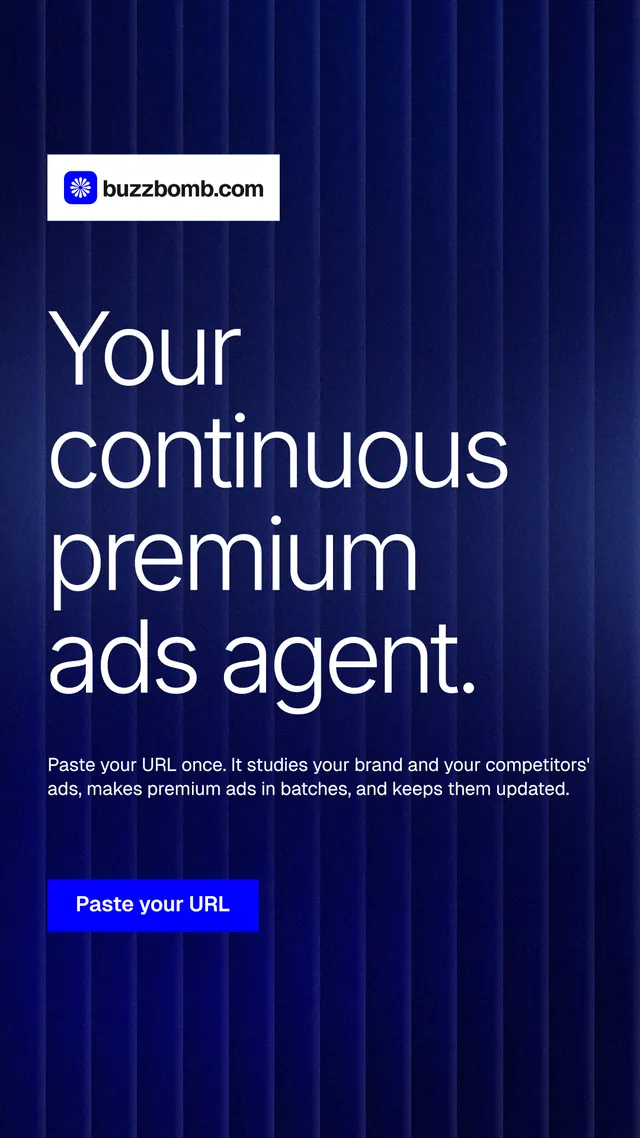 Instagram story for BuzzBomb: "Your continuous premium ads agent." Swiss style, announce layout, dark palette in blue, grey.