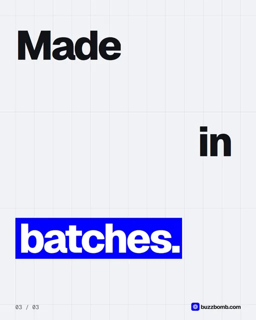 Video for BuzzBomb: "One line at the bottom of every email.". Kinetic type grid, 6.0 s, light palette.