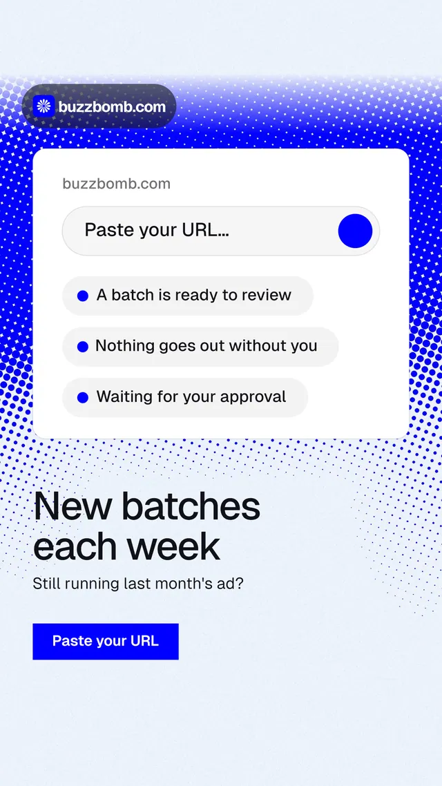 Instagram story for BuzzBomb: "New batches each week". Swiss style, bottom layout, light palette in white, blue.