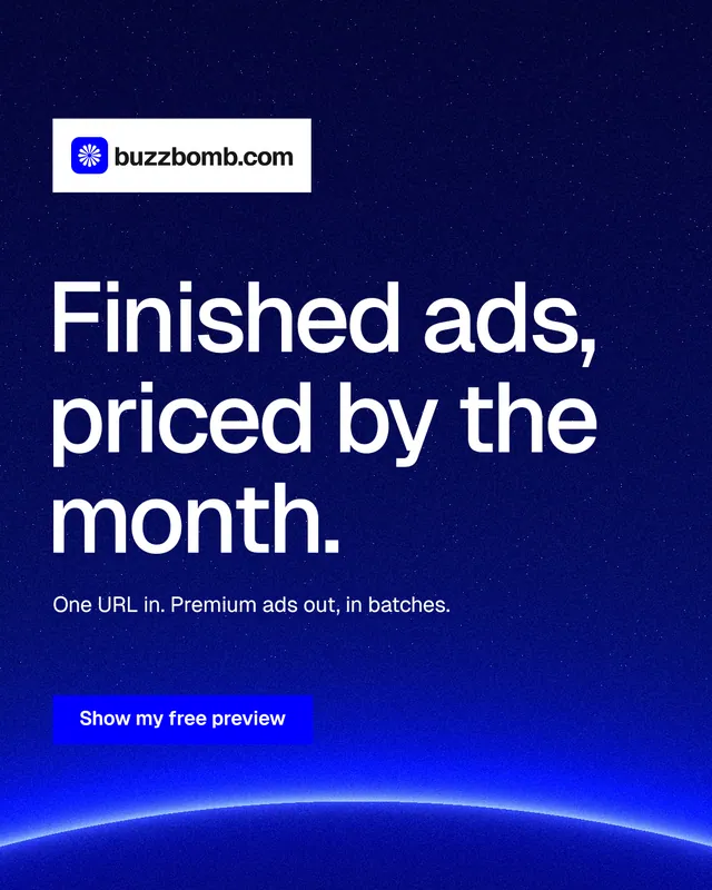 Instagram portrait post for BuzzBomb: "Finished ads, priced by the month." Swiss style, announce layout, dark palette in blue.