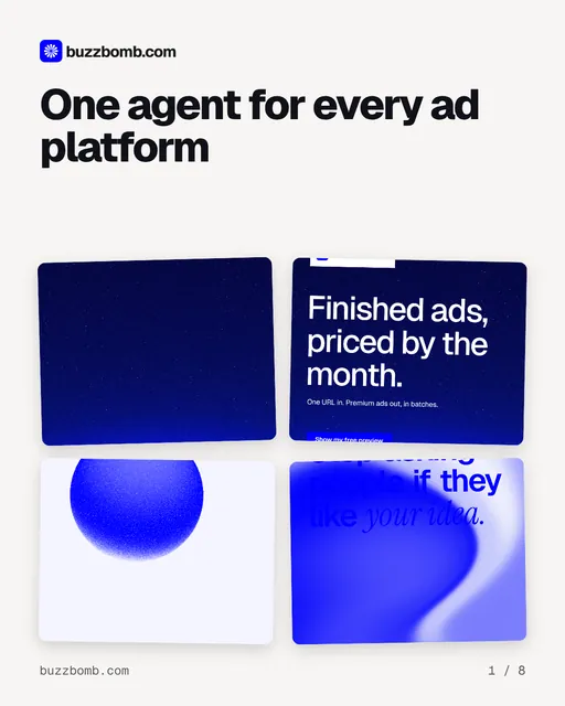Carousel for BuzzBomb: "One agent for every ad platform". Collection carousel, 8 slides, light palette.