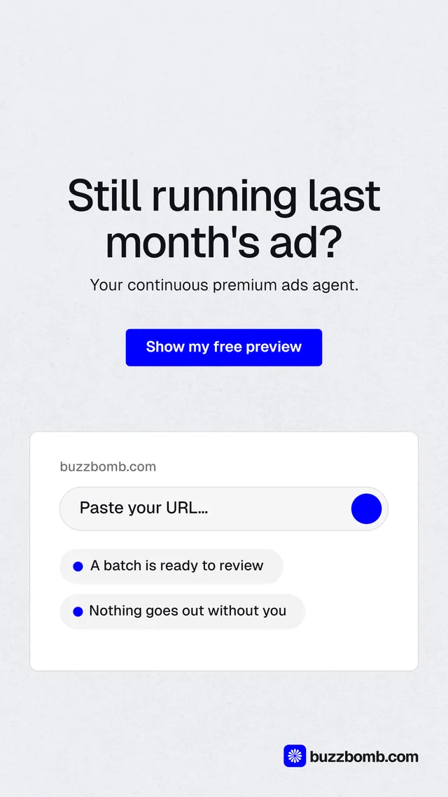 Instagram story for BuzzBomb: "Still running last month's ad?" Data card style, centred layout, light palette in white, blue.