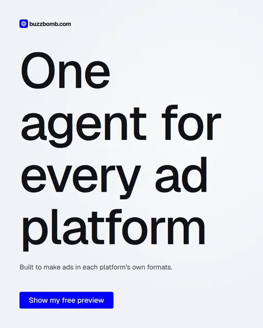 Video for BuzzBomb: "One agent for every ad platform". Doc motion loop, 8.0 s, light palette.