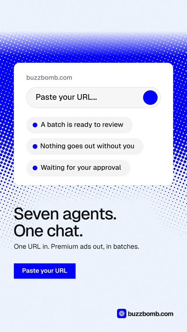Instagram story for BuzzBomb: "Seven agents. One chat." Swiss style, bottom layout, light palette in white, blue.