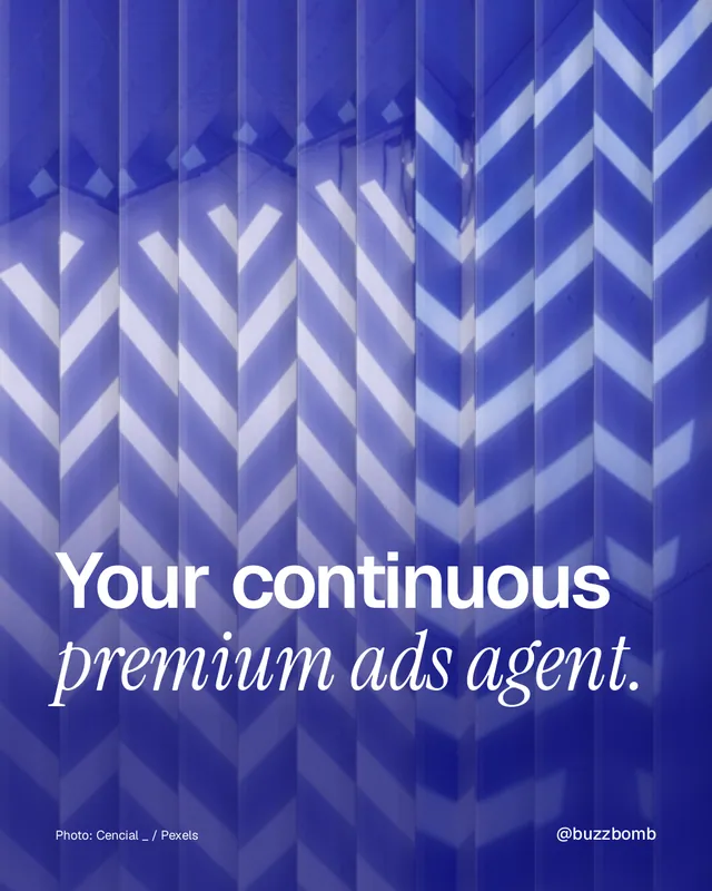 Instagram portrait post for BuzzBomb: "Your continuous premium ads agent." Photo style, technique:fluted glass layout, dark palette in blue.