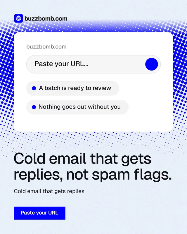 Instagram portrait post for BuzzBomb: "Cold email that gets replies, not spam flags." Swiss style, bottom layout, light palette in white, blue.