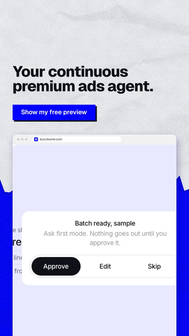 Instagram story for BuzzBomb: "Your continuous premium ads agent." Paper trio style, browser layout, light palette in white, blue.