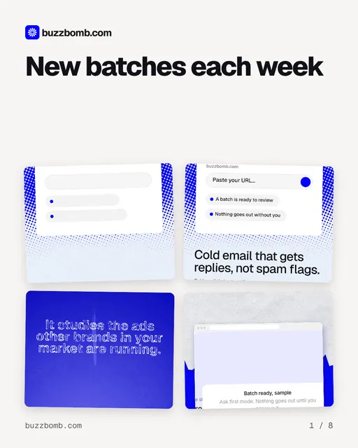 Carousel for BuzzBomb: "New batches each week". Collection carousel, 8 slides, light palette.