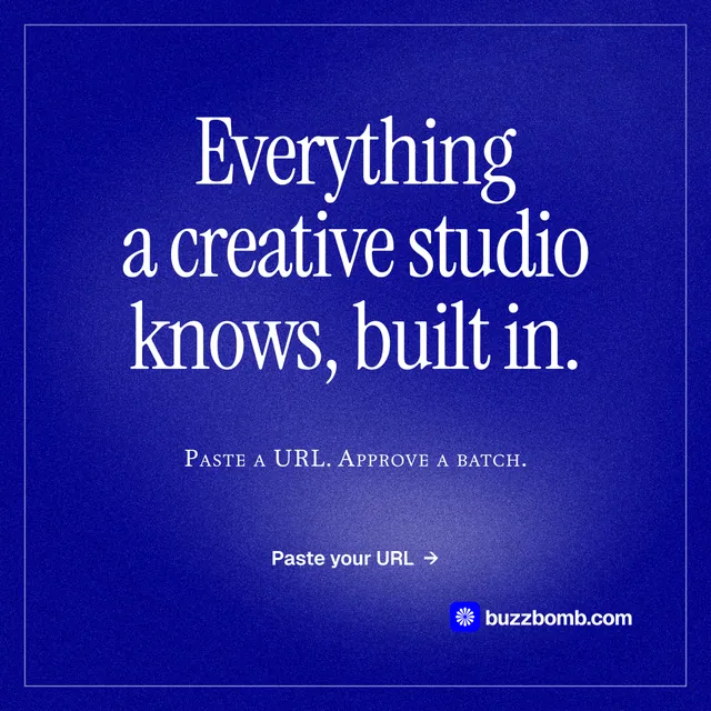 Instagram post for BuzzBomb: "Everything a creative studio knows, built in." Editorial style, smallcaps layout, dark palette in blue.