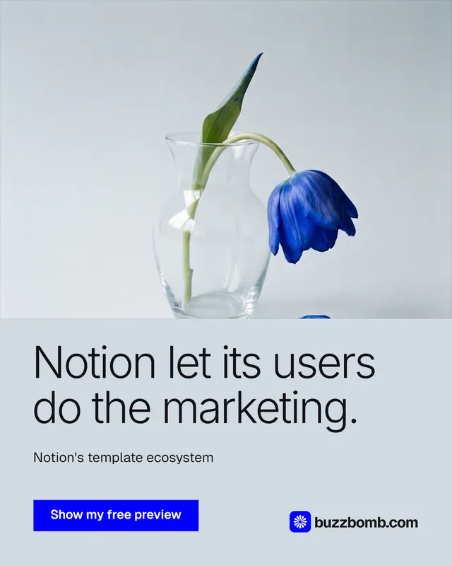 Instagram portrait post for BuzzBomb: "Notion let its users do the marketing." Swiss style, bottom layout, light palette in white, blue.