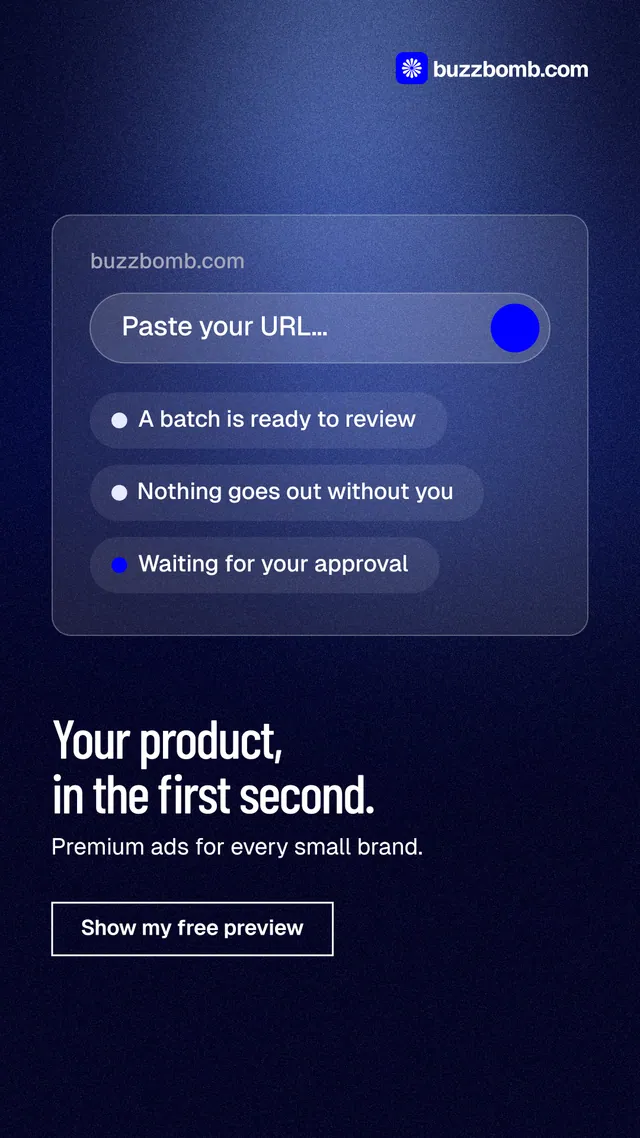 Instagram story for BuzzBomb: "Your product, in the first second." Dark deco style, bottom layout, dark palette in black, blue.