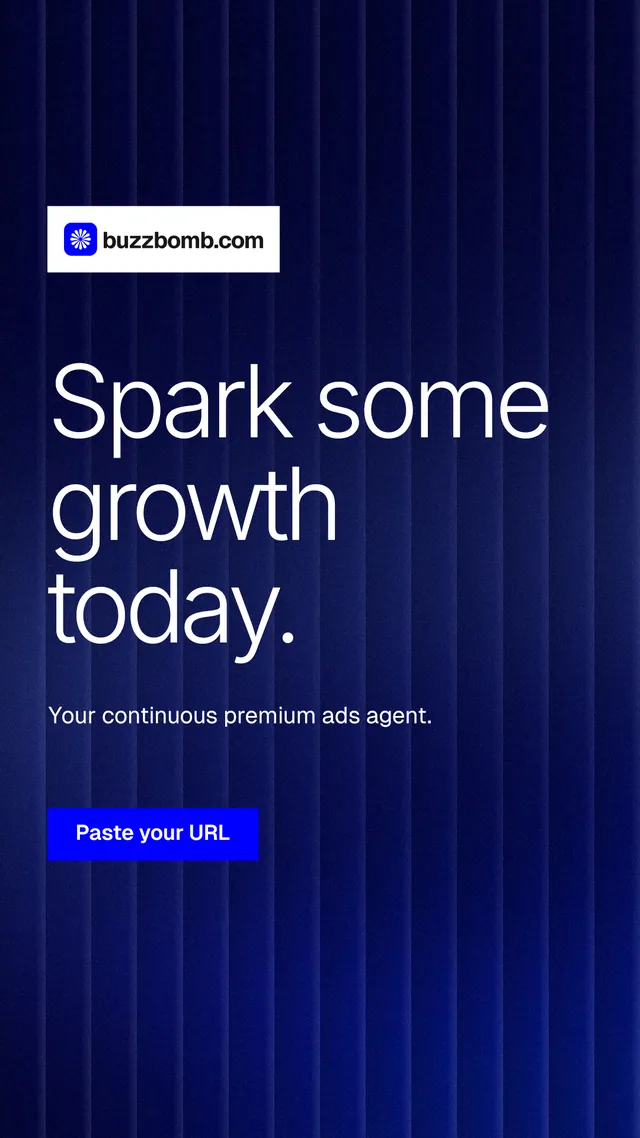 Instagram story for BuzzBomb: "Spark some growth today." Swiss style, announce layout, dark palette in black, blue.