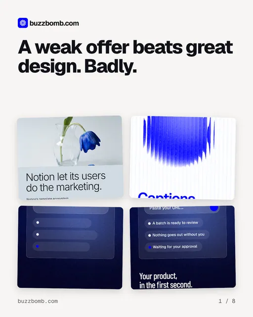 Carousel for BuzzBomb: "A weak offer beats great design. Badly.". Collection carousel, 8 slides, light palette.