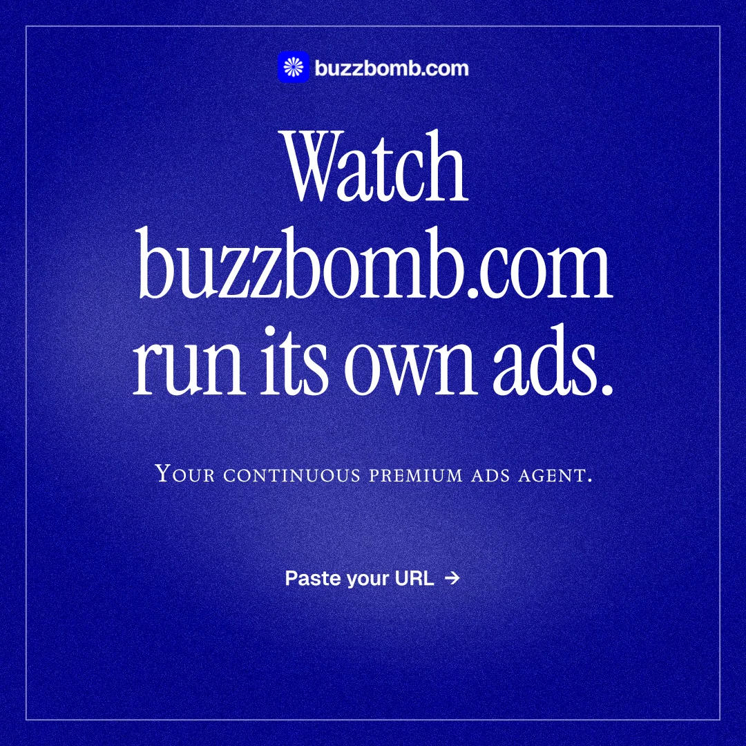 Instagram post for BuzzBomb: "Watch buzzbomb.com run its own ads." Editorial style, smallcaps layout, dark palette in blue.