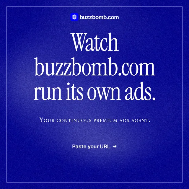 Instagram post for BuzzBomb: "Watch buzzbomb.com run its own ads." Editorial style, smallcaps layout, dark palette in blue.