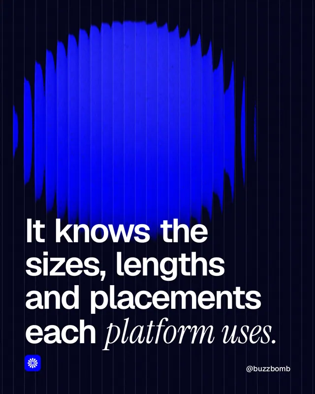 Instagram portrait post for BuzzBomb: "It knows the sizes, lengths and placements each platform uses." Auto 4x5 style, technique:shader field layout, dark palette in black, blue, grey.