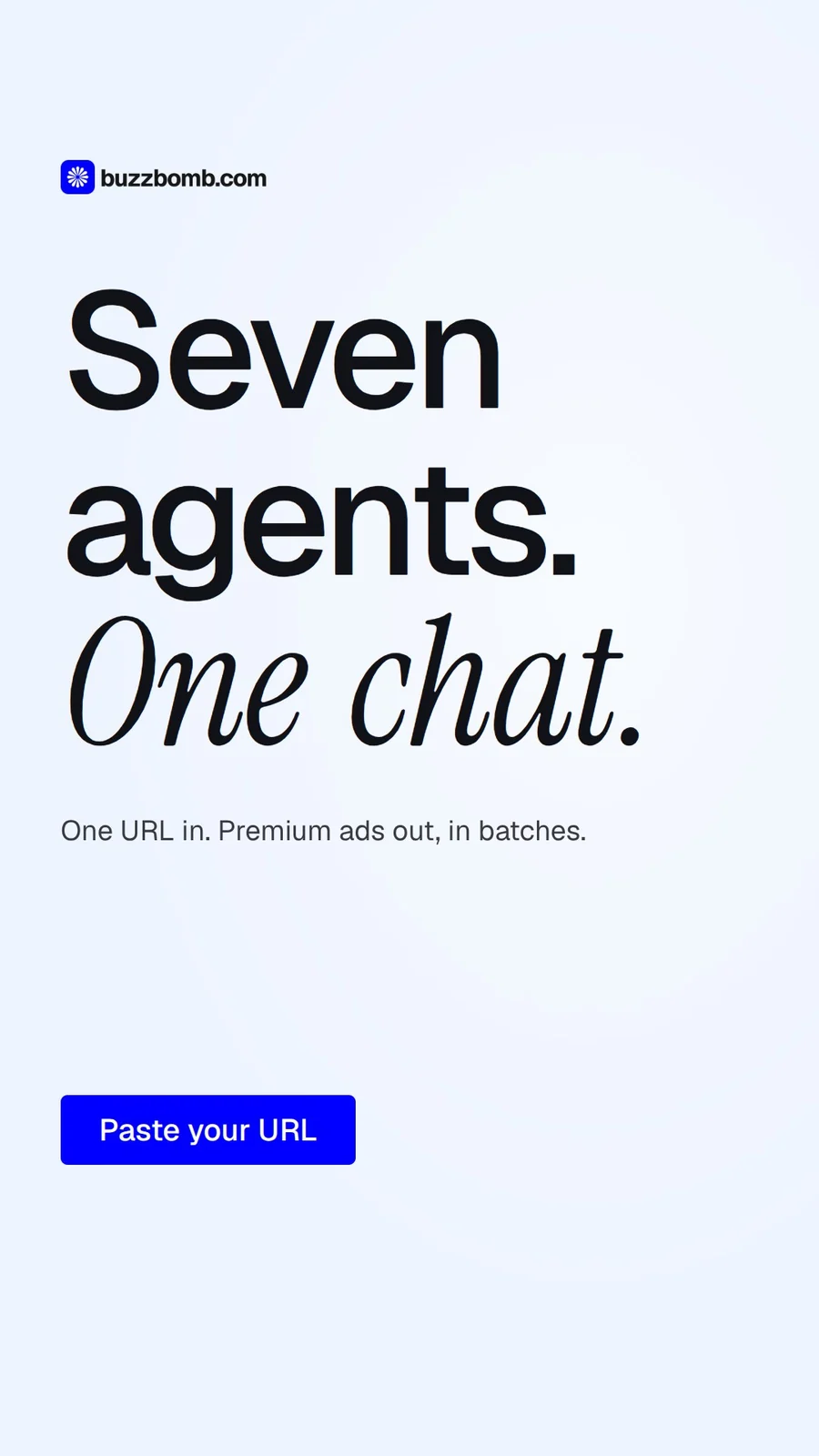Video for BuzzBomb: "Seven agents. One chat.". Doc motion loop, 8.0 s, light palette.