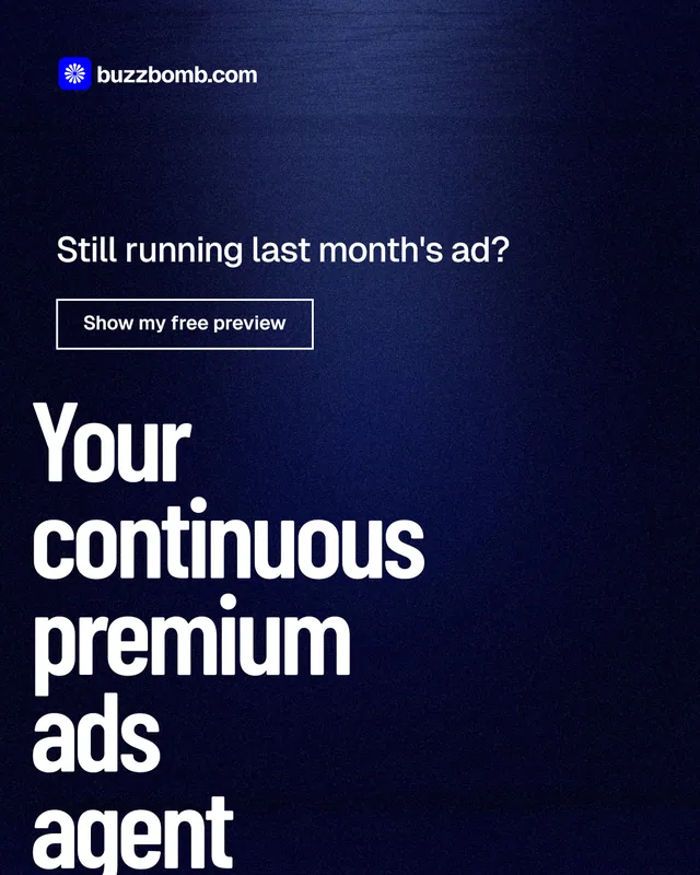 Instagram portrait post for BuzzBomb: "Your continuous premium ads agent." Dark deco style, oversized layout, dark palette in black, blue, grey.