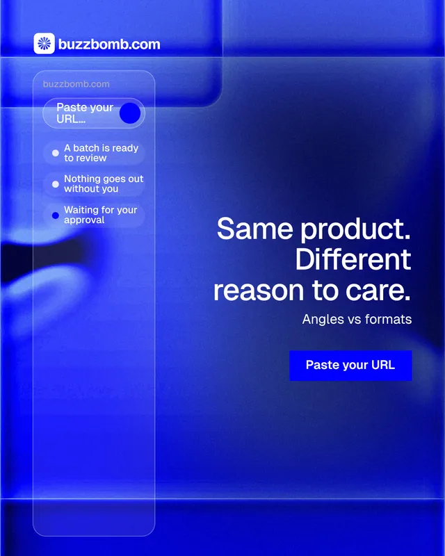 Instagram portrait post for BuzzBomb: "Same product. Different reason to care." Swiss style, right layout, dark palette in blue.