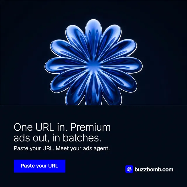 Instagram post for BuzzBomb: "One URL in. Premium ads out, in batches." Swiss style, bottom layout, dark palette in black, blue.