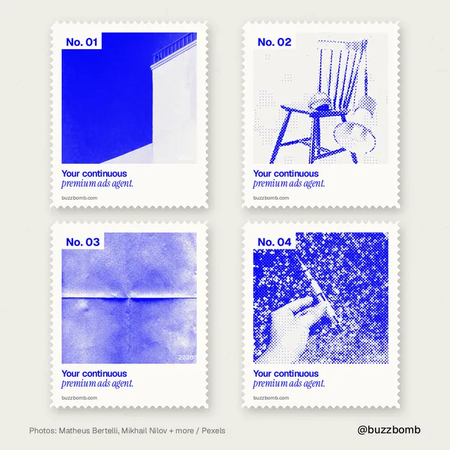 Instagram post for BuzzBomb: "Your continuous premium ads agent." Sheet style, technique:stamp series layout, light palette in yellow, white, blue.