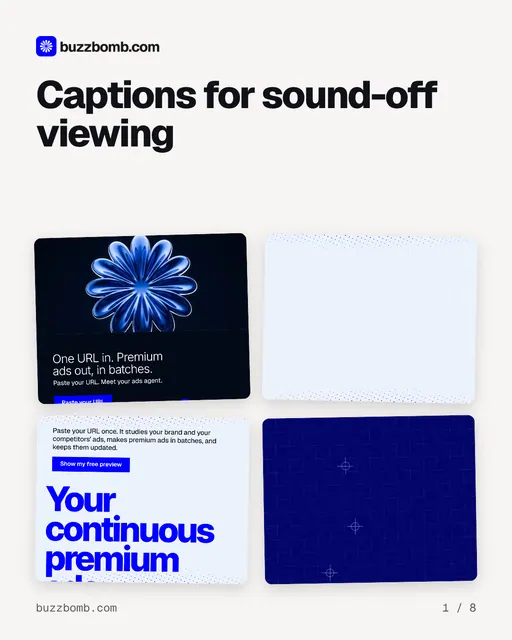 Carousel for BuzzBomb: "Captions for sound-off viewing". Collection carousel, 8 slides, light palette.