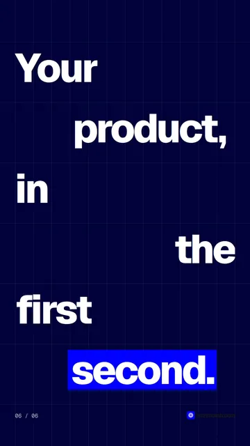 Video for BuzzBomb: "Your product, in the first second.". Kinetic type grid, 6.0 s, dark palette.