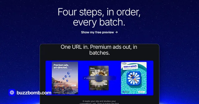 Social ad for BuzzBomb: "Four steps, in order, every batch." Swiss style, ogui layout, dark palette in blue.