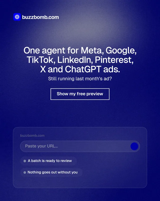 Instagram portrait post for BuzzBomb: "One agent for Meta, Google, TikTok, LinkedIn, Pinterest, X and ChatGPT ads." Cyanotype style, centred layout, dark palette in blue.