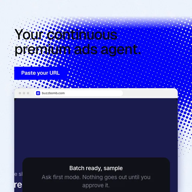 Instagram post for BuzzBomb: "Your continuous premium ads agent." Swiss style, browser layout, dark palette in blue, white.