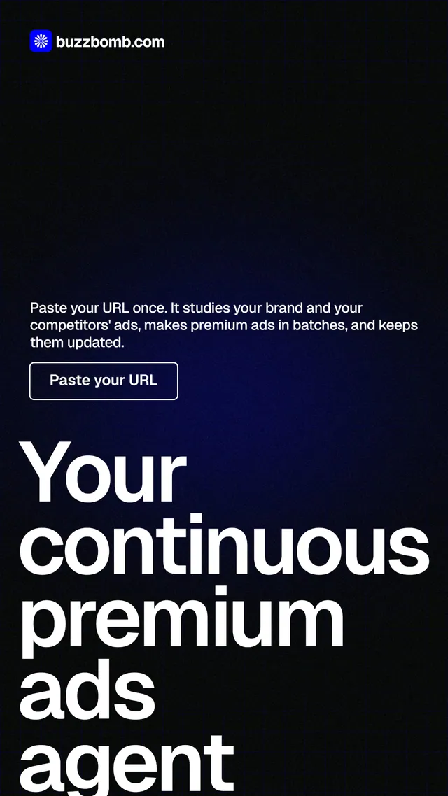 Instagram story for BuzzBomb: "Your continuous premium ads agent." Phosphor atlas style, oversized layout, dark palette in black, grey.
