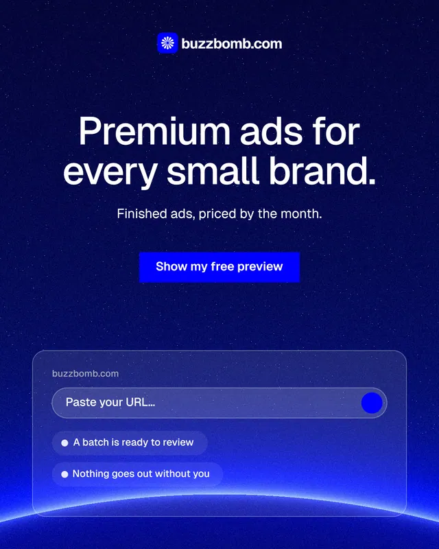 Instagram portrait post for BuzzBomb: "Premium ads for every small brand." Swiss style, centred layout, dark palette in blue.