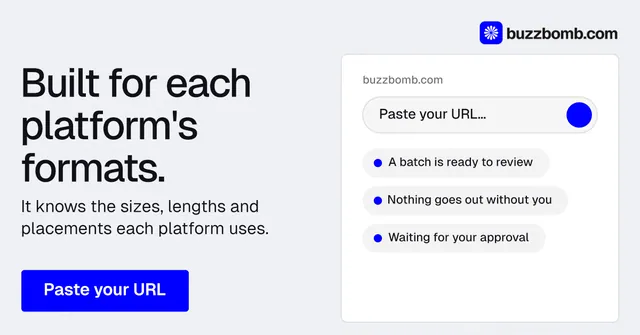 Social ad for BuzzBomb: "Built for each platform's formats." Data card style, bottom layout, light palette in white, blue.