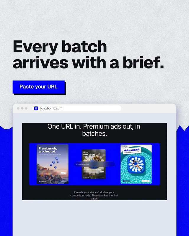 Instagram portrait post for BuzzBomb: "Every batch arrives with a brief." Paper trio style, browser layout, light palette in white, blue, grey.