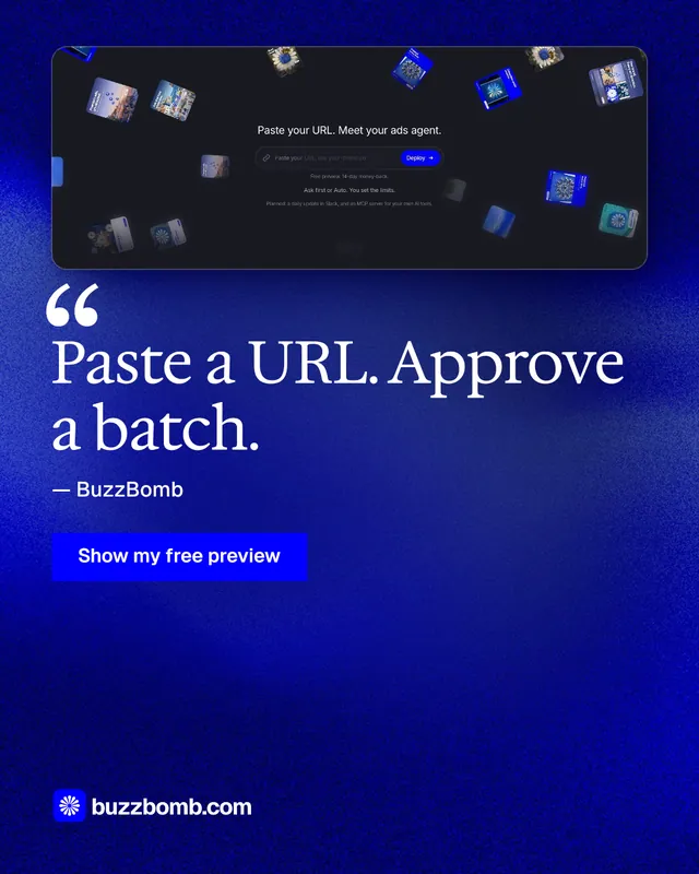 Instagram portrait post for BuzzBomb: "Paste a URL. Approve a batch." Swiss style, quote layout, dark palette in blue.