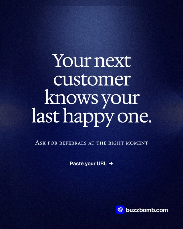 Instagram portrait post for BuzzBomb: "Your next customer knows your last happy one." Dark deco style, smallcaps layout, dark palette in blue, black.