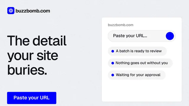 Landscape graphic for BuzzBomb: "The detail your site buries." Data card style, bottom layout, light palette in white, blue.