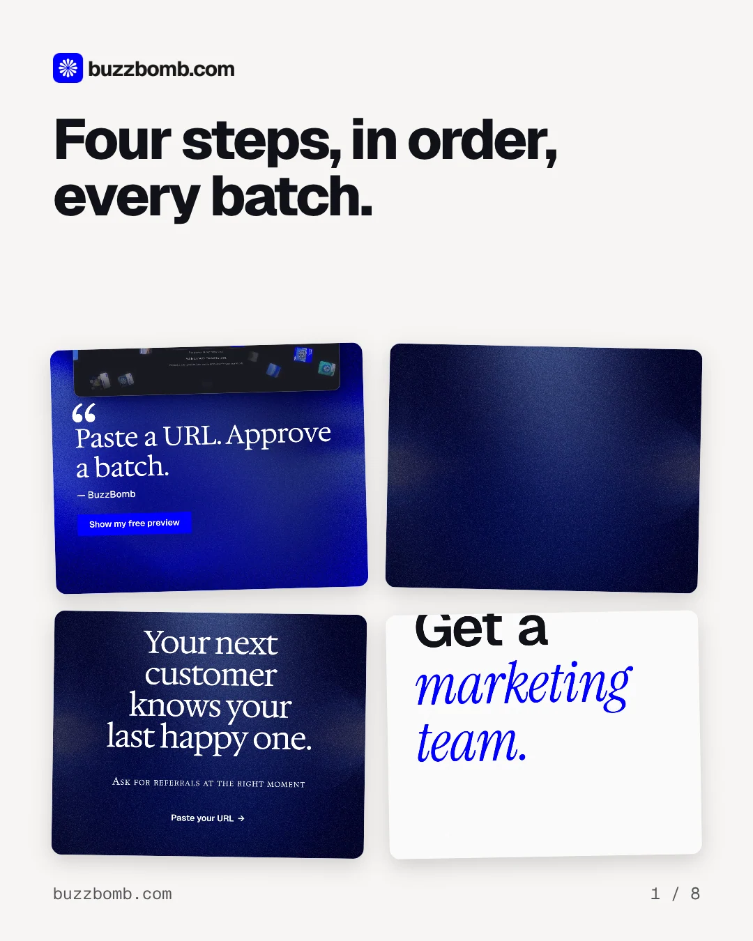 Carousel for BuzzBomb: "Four steps, in order, every batch.". Collection carousel, 8 slides, light palette.