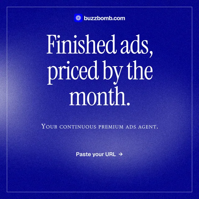 Instagram post for BuzzBomb: "Finished ads, priced by the month." Editorial style, smallcaps layout, dark palette in blue.