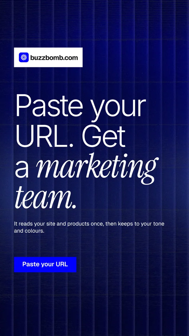 Instagram story for BuzzBomb: "Paste your URL. Get a marketing team." Swiss style, announce layout, dark palette in blue, grey.