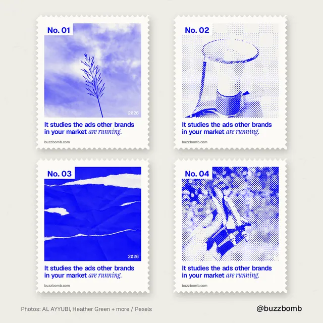 Instagram post for BuzzBomb: "It studies the ads other brands in your market are running." Sheet style, technique:stamp series layout, light palette in white, blue.
