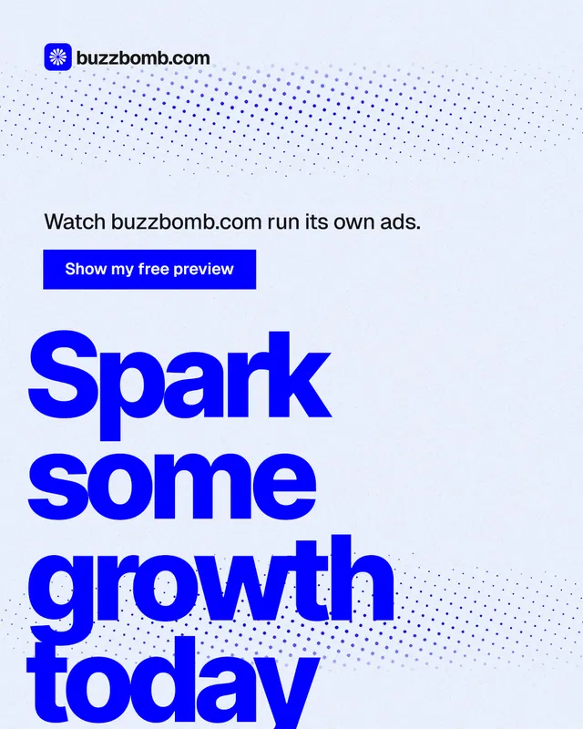 Instagram portrait post for BuzzBomb: "Spark some growth today." Swiss style, oversized layout, light palette in white, blue.