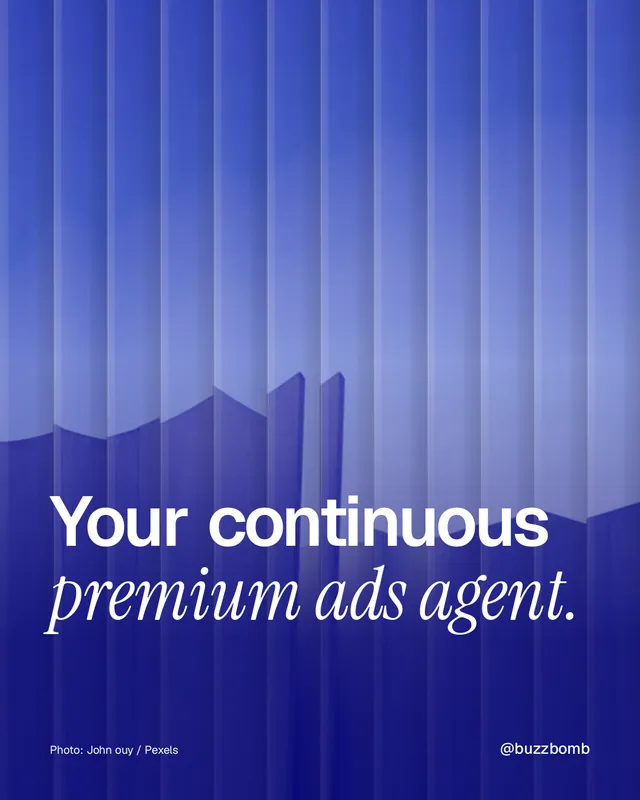 Instagram portrait post for BuzzBomb: "Your continuous premium ads agent." Photo style, technique:fluted glass layout, dark palette in blue.